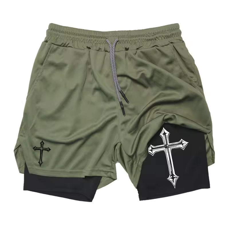 Cross Symbol Two-Layer Gym Shorts | Faith Workout Shorts | Spiritual Strength Fitness Wear