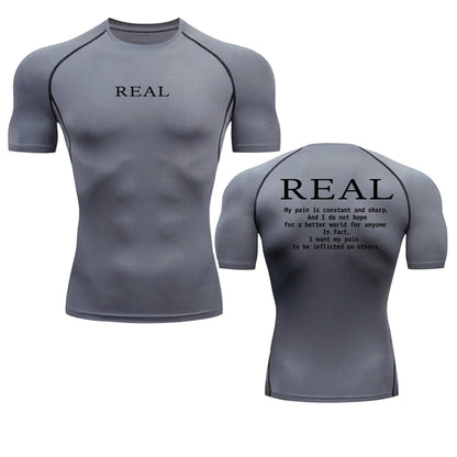 REAL Compression T-Shirt — Dark Anime-Inspired Gym Shirt with Intense Quote Print