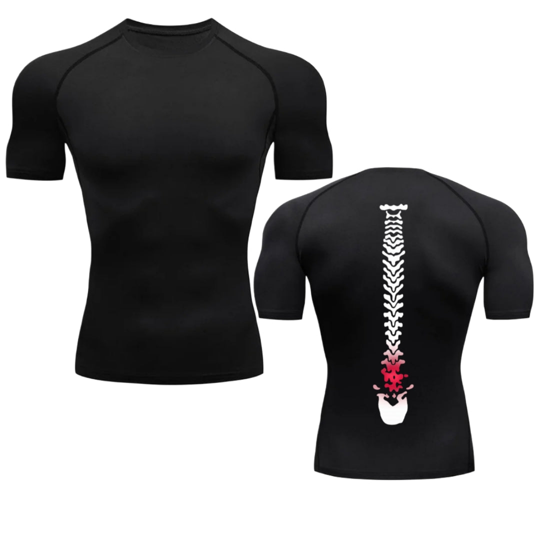 Spine Damage Compression T-Shirt — Funny Gym Shirt with Back Pain Meme Print for Lifters