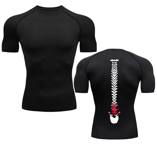 Spine Damage Compression T-Shirt — Funny Gym Shirt with Back Pain Meme Print for Lifters