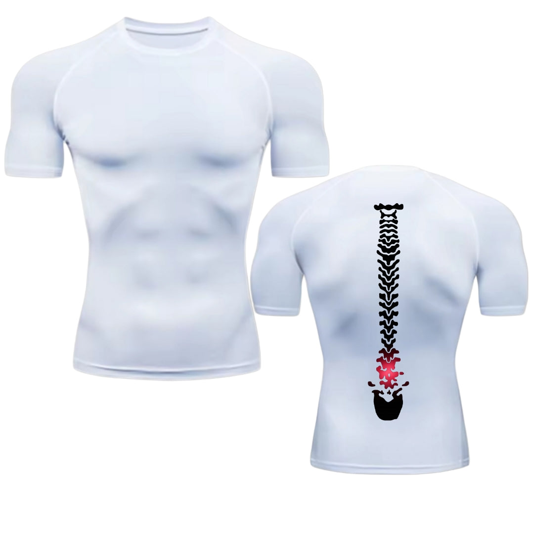 Spine Damage Compression T-Shirt — Funny Gym Shirt with Back Pain Meme Print for Lifters
