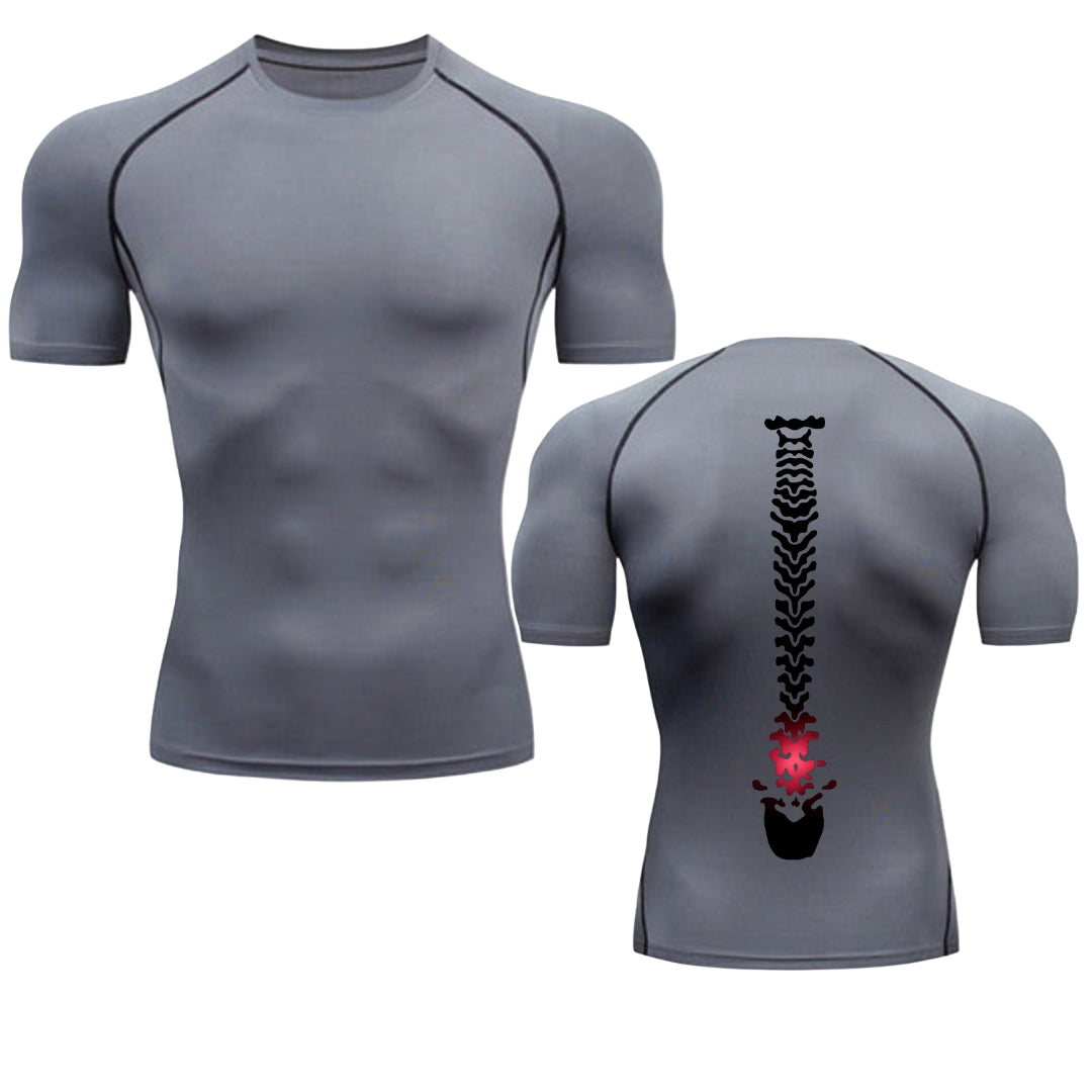 Spine Damage Compression T-Shirt — Funny Gym Shirt with Back Pain Meme Print for Lifters