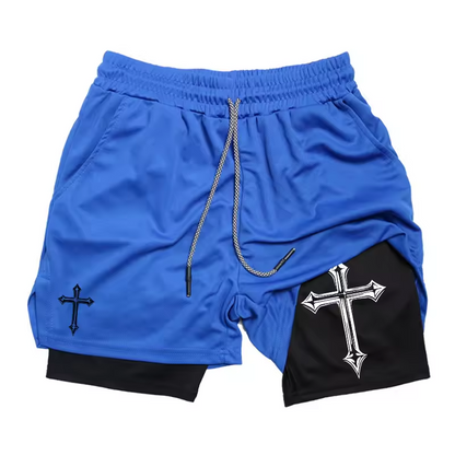 Cross Christian Symbol Two-Layer Gym Shorts | Faith Workout Shorts | Spiritual Strength Fitness Wear