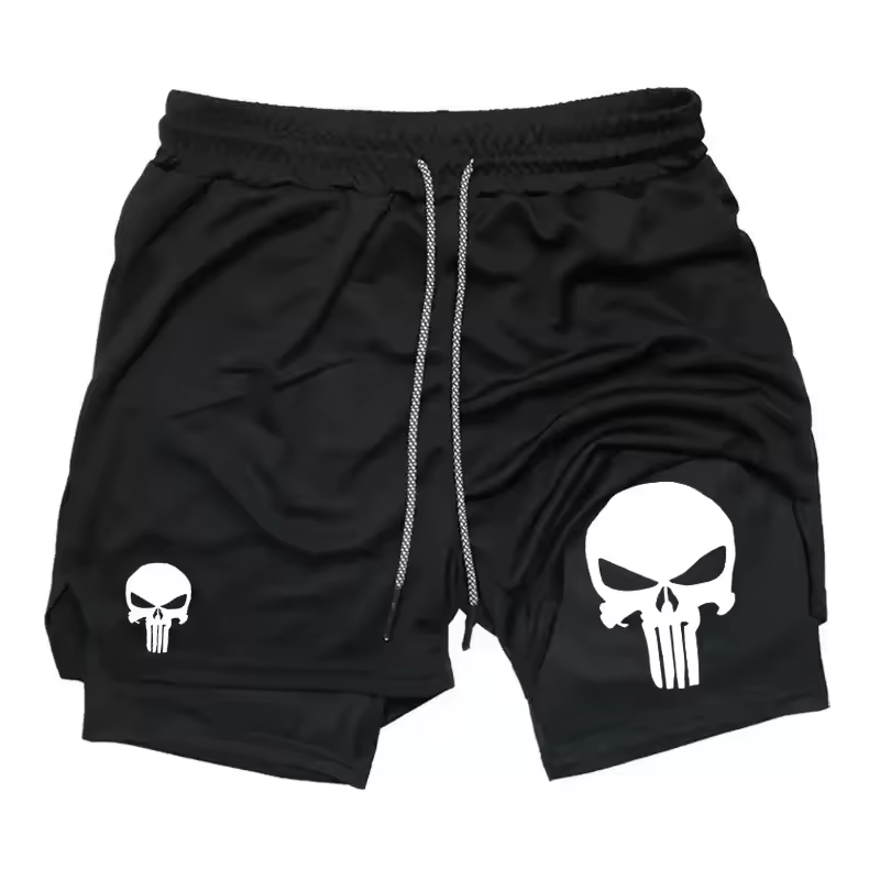 Skull Punisher Anti-Hero Two-Layer Gym Shorts | Vigilante Workout Shorts | Dark Skull Fitness Wear