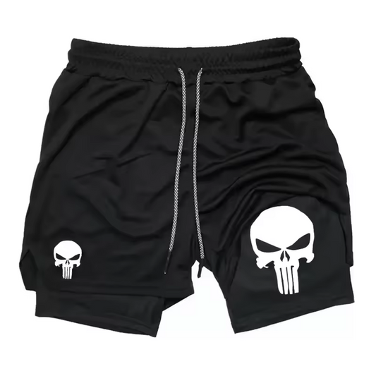 Skull Punisher Anti-Hero Two-Layer Gym Shorts | Vigilante Workout Shorts | Dark Skull Fitness Wear
