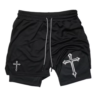 Cross Christian Symbol Two-Layer Gym Shorts | Faith Workout Shorts | Spiritual Strength Fitness Wear