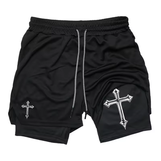 Cross Christian Symbol Two-Layer Gym Shorts | Faith Workout Shorts | Spiritual Strength Fitness Wear