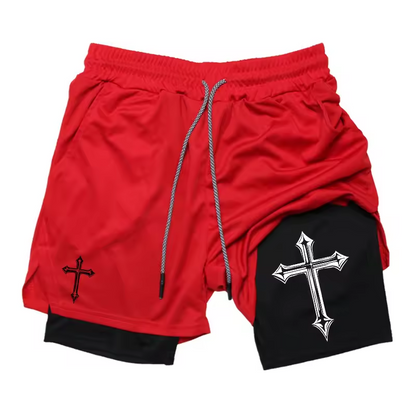Cross Christian Symbol Two-Layer Gym Shorts | Faith Workout Shorts | Spiritual Strength Fitness Wear