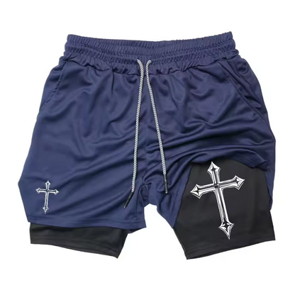 Cross Christian Symbol Two-Layer Gym Shorts | Faith Workout Shorts | Spiritual Strength Fitness Wear