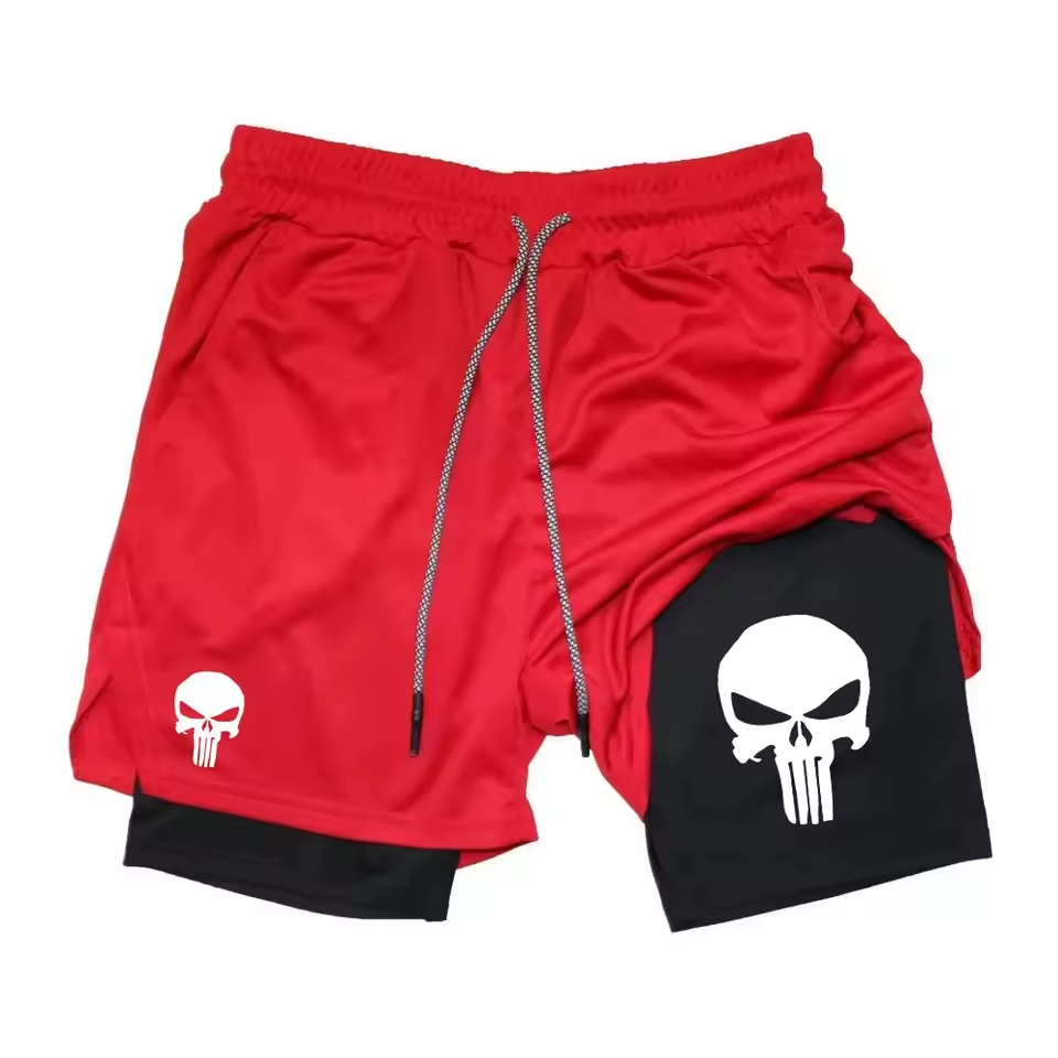Skull Punisher Anti-Hero Two-Layer Gym Shorts | Vigilante Workout Shorts | Dark Skull Fitness Wear