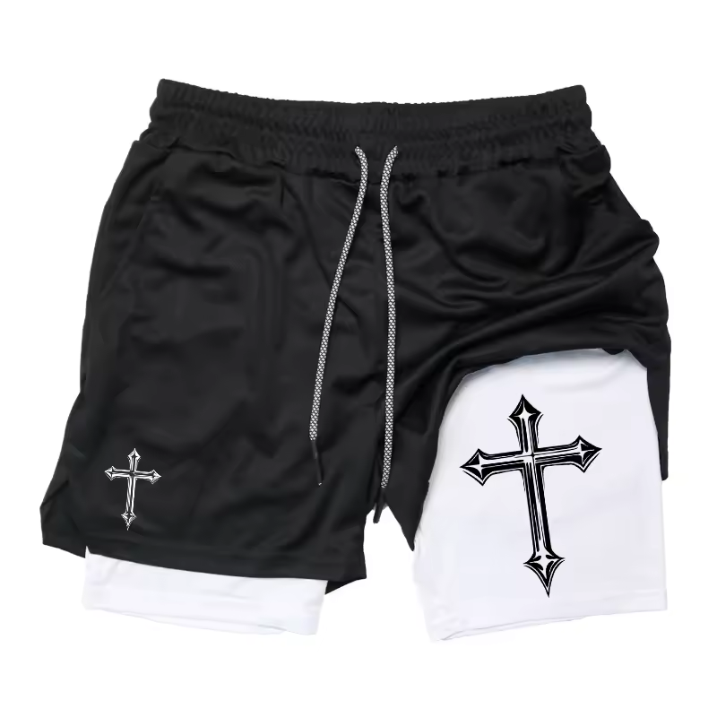 Cross Christian Symbol Two-Layer Gym Shorts | Faith Workout Shorts | Spiritual Strength Fitness Wear