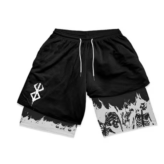 Berserk | Skeleton Gym Shorts | Two‑Layer Anime Gym Shorts | Breathable Performance Shorts