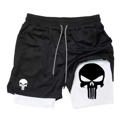 Skull Punisher Anti-Hero Two-Layer Gym Shorts | Vigilante Workout Shorts | Dark Skull Fitness Wear